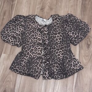 Reserved Leopard Print Puff Sleeve Peplum Tie Front Cotton Blouse Brown Small t2